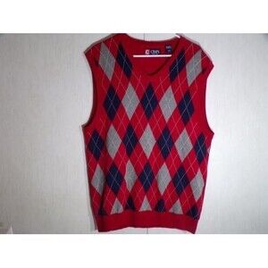 Chaps Men V Neck Argyle Sweater Vest Large Red Blue Grey 100% Cotton Golf Preppy
